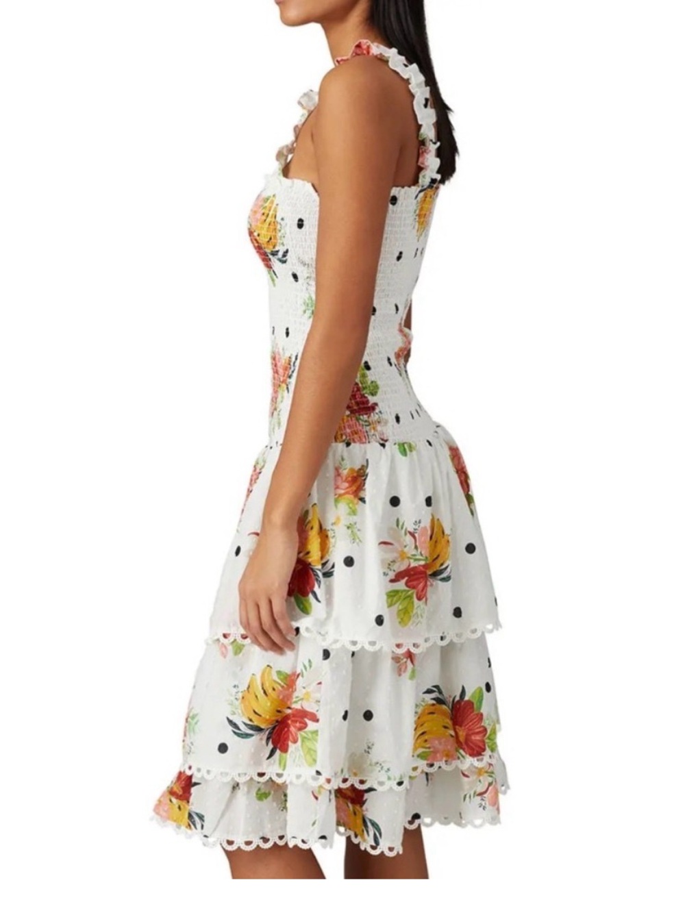 FARM Rio Nanaju Dress Floral Polka Sleeveless Smocked Tiered Midi White Medium - Picture 5 of 7
